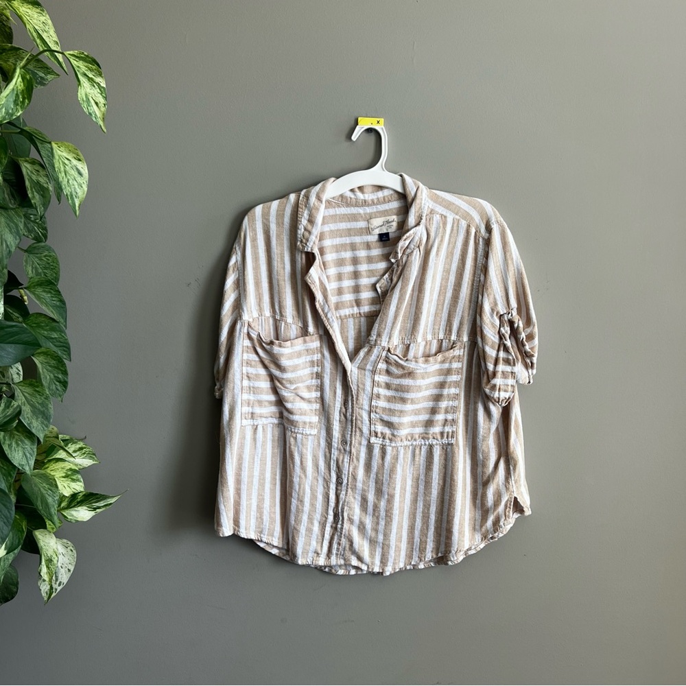 Striped Beige Button-Up Women's Top
